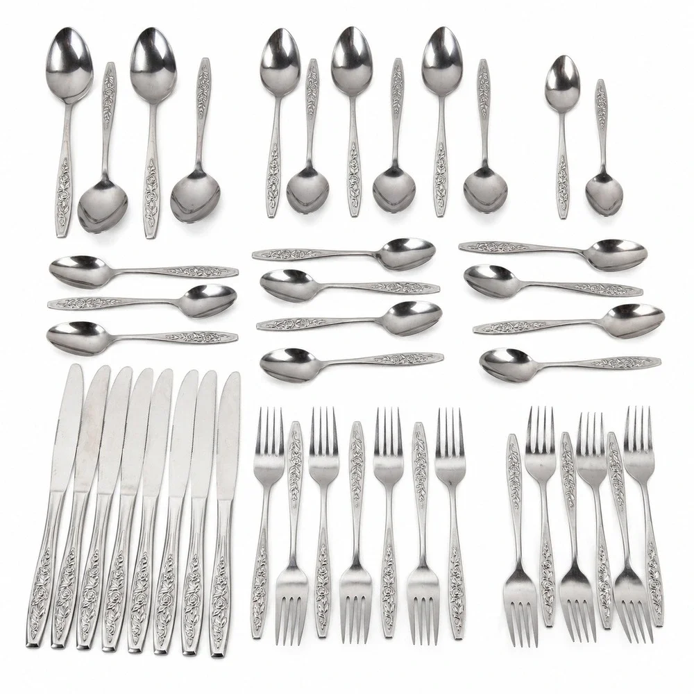 Eldan 44pc Flatware Set Stainless Japan Rose Floral Vintage Silverware Service